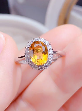 纯银镶嵌天然黄水晶戒指开口戒女