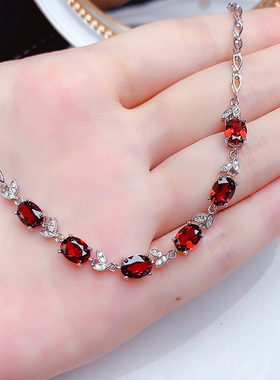 时尚纯银天然酒红石榴石手链女