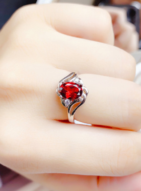925纯银镶天然酒红石榴石戒指女