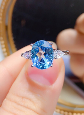 纯银镶嵌天然托帕石戒指开口戒女