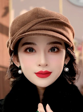 布塔羊毛报童帽鸭舌帽羊毛混纺护耳帽百搭复古保暖气质秋冬PT0758