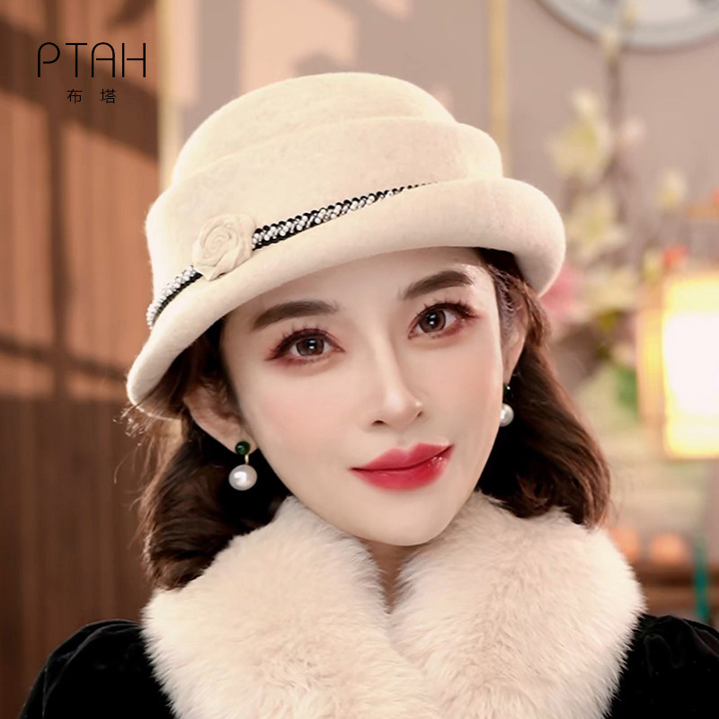 布塔100%绵羊毛渔夫帽女秋冬羊毛呢桶帽保暖时尚气质小礼帽PT1431
