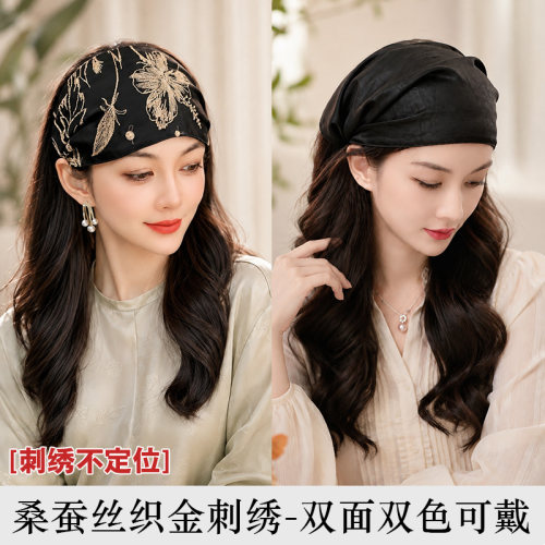 布塔新中式遮白发发箍女士 桑蚕丝刺绣头巾 气质宽边束发带PT2279