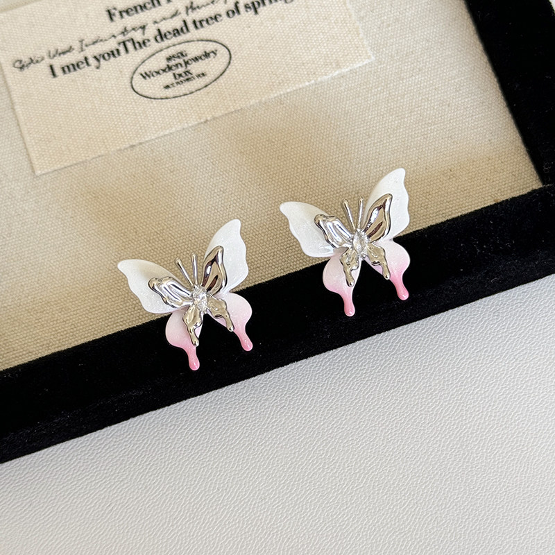 粉色蝴蝶耳钉可爱甜美小清新耳环银针耳饰2024新款爆款高级感时尚