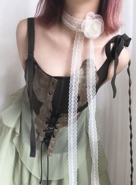 汉服古风山茶花白色蕾丝超长飘带发带百搭多用腰带丝巾