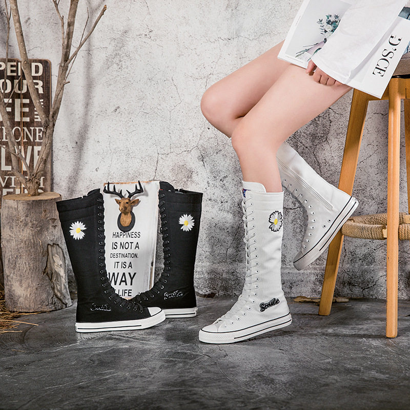 小长筒帆布鞋女休闲高帮靴子大码单靴春季高腰鞋子拉链潮花朵女鞋