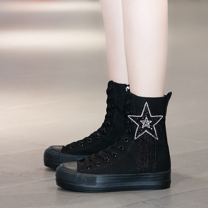 中筒系带侧拉链帆布鞋厚底松糕休闲时尚百搭女款春秋内增高靴子潮