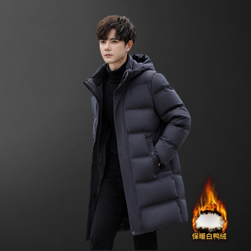 高端男士羽绒服连帽中长款白鸭绒时尚潮流加厚保暖中青年冬装外套