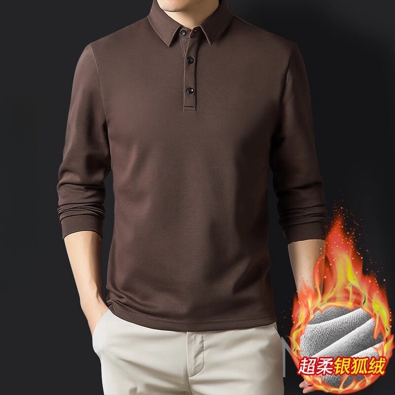 高端长袖POLO衫男士秋冬加绒加厚保暖修身款银狐绒T恤衫纯色上衣