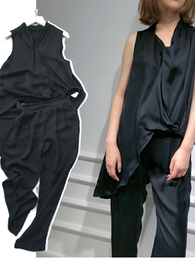 夏黑色无袖V领不对称设计拉链连九分楔形裤修身显瘦时尚女套装