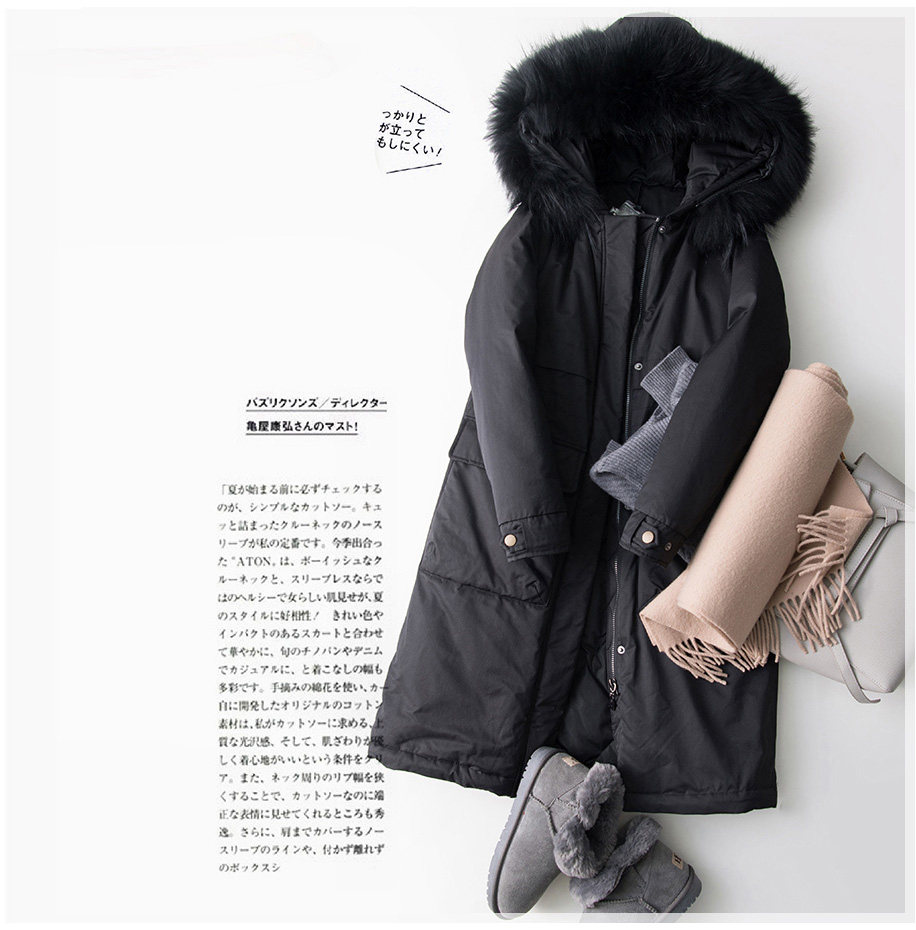 黑色白鹅绒保暖内胆直充貉子毛连帽领中长款直筒大朵绒女羽绒服