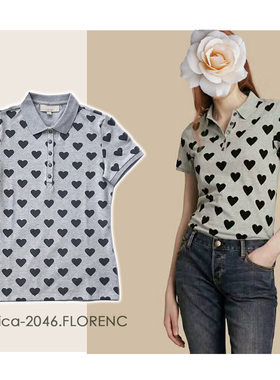 经典POLO衫黑色桃心印花弹力珠地棉翻领灰色女士修身短袖T恤