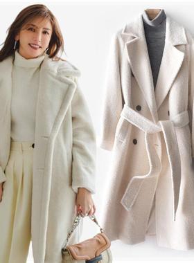 白色高档秘鲁进口小羊驼贝贝绒毛呢西装领双排扣女修身超长款大衣