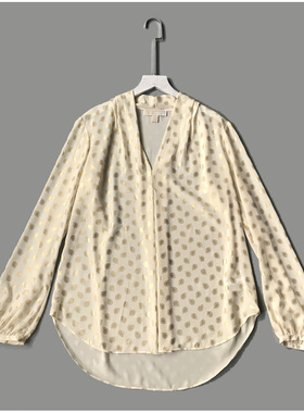 欧美米白色底烫金印花V型自带领长袖大码宽松通勤衬衫套头女衬衣