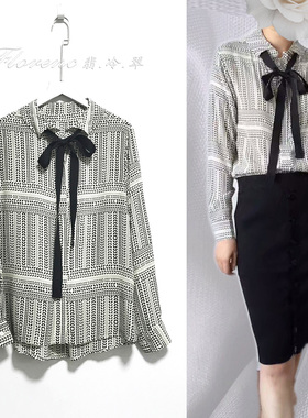 乳白色真丝小树叶印花领口穿黑色飘带蝴蝶结春夏百搭长袖女衬衣衫