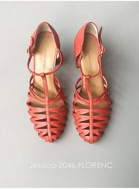 样鞋出清欧美橘色包头羊皮时装粗跟日常丁字扣带镂空四季高跟凉鞋