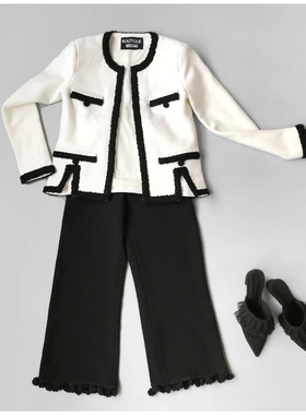 小香风黑色裤边垂流苏小球中腰女士通勤阔腿直筒九分西裤礼服裤