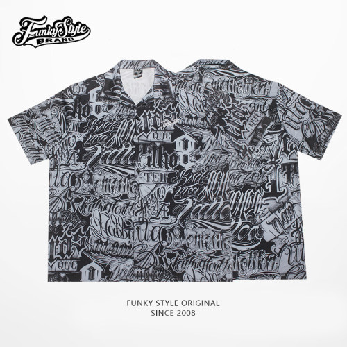 FunkyStyle夏季潮牌奇卡诺宽松hiphop花衬衣休闲嘻哈短袖衬衫情侣