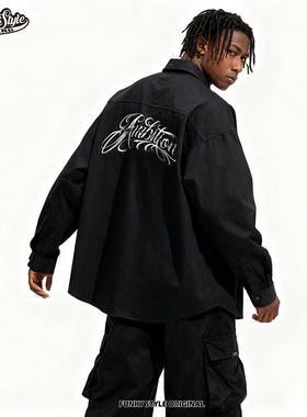 FUNKYSTYLE原创潮美式西海岸奇卡诺刺青POPPING纯棉宽松工装衬衫