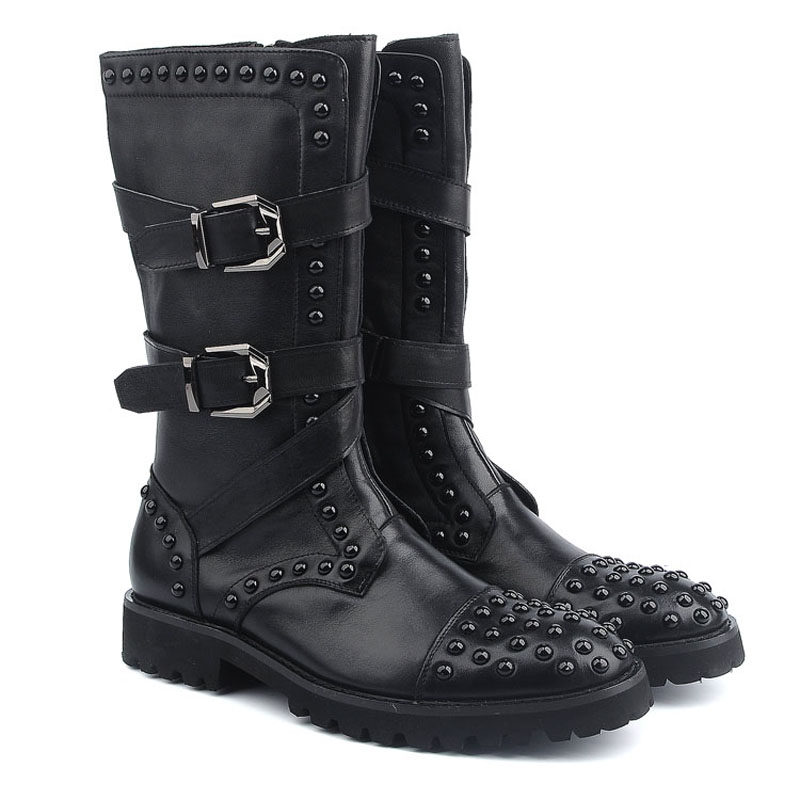 新款男士马靴长筒靴子男靴皮靴复古铆钉设计高筒靴韩版潮流男靴