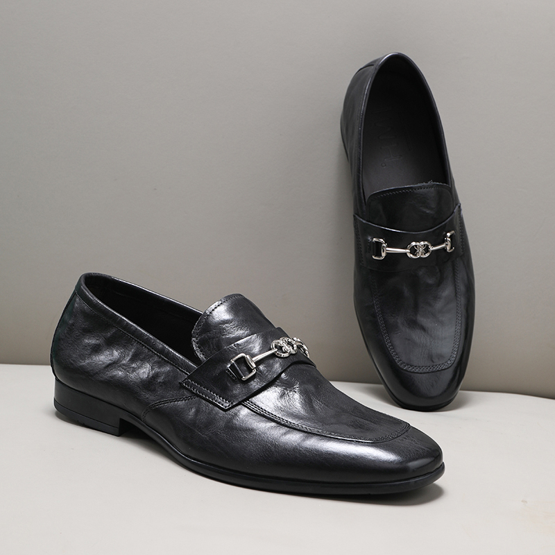 男鞋胎牛皮百搭方头乐福鞋