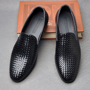 潮鞋 春夏新款 一脚蹬豆豆鞋 男真皮编织商务休闲皮鞋 英伦套脚乐福鞋