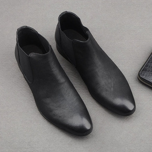 一脚蹬切尔西男靴 韩版 英伦尖头小短靴真皮荔枝纹牛皮高帮鞋 男棉鞋