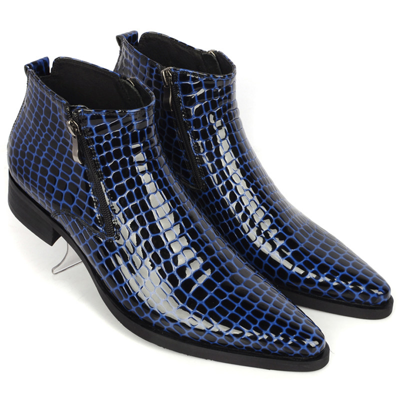 韩版时尚真皮男靴子英伦漆皮石头纹低筒靴短靴 牛仔靴潮流马丁靴