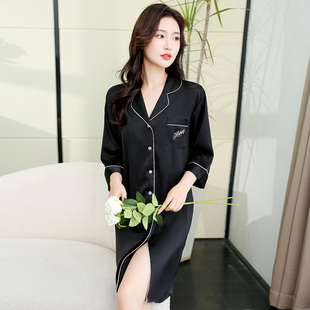 真丝睡衣女夏季衬衫裙开衫睡裙冰丝纯色长款宽松丝绸韩版薄家居服
