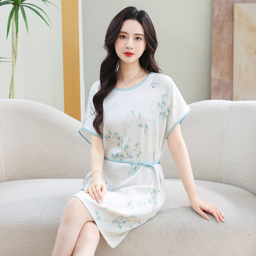 夏季真丝短袖小碎花大码睡裙