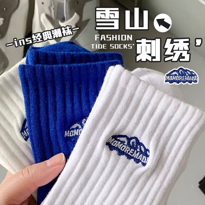 诸暨袜子男款雪山刺绣黑白夏季中筒女网红ins潮高筒情侣运动长袜