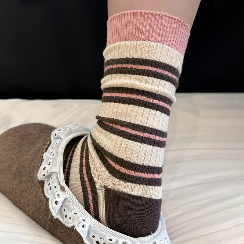 复古撞色条纹袜子女春秋款纯棉中筒袜ins潮粉色日系秋冬堆堆长袜,女士内衣/男士内衣/家居服,中筒袜,淘宝优惠券,粉丝福利购,淘宝优惠卷