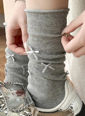 灰色小腿袜子女堆堆袜春夏款芭蕾风蝴蝶结中筒miu系配玛丽珍长袜