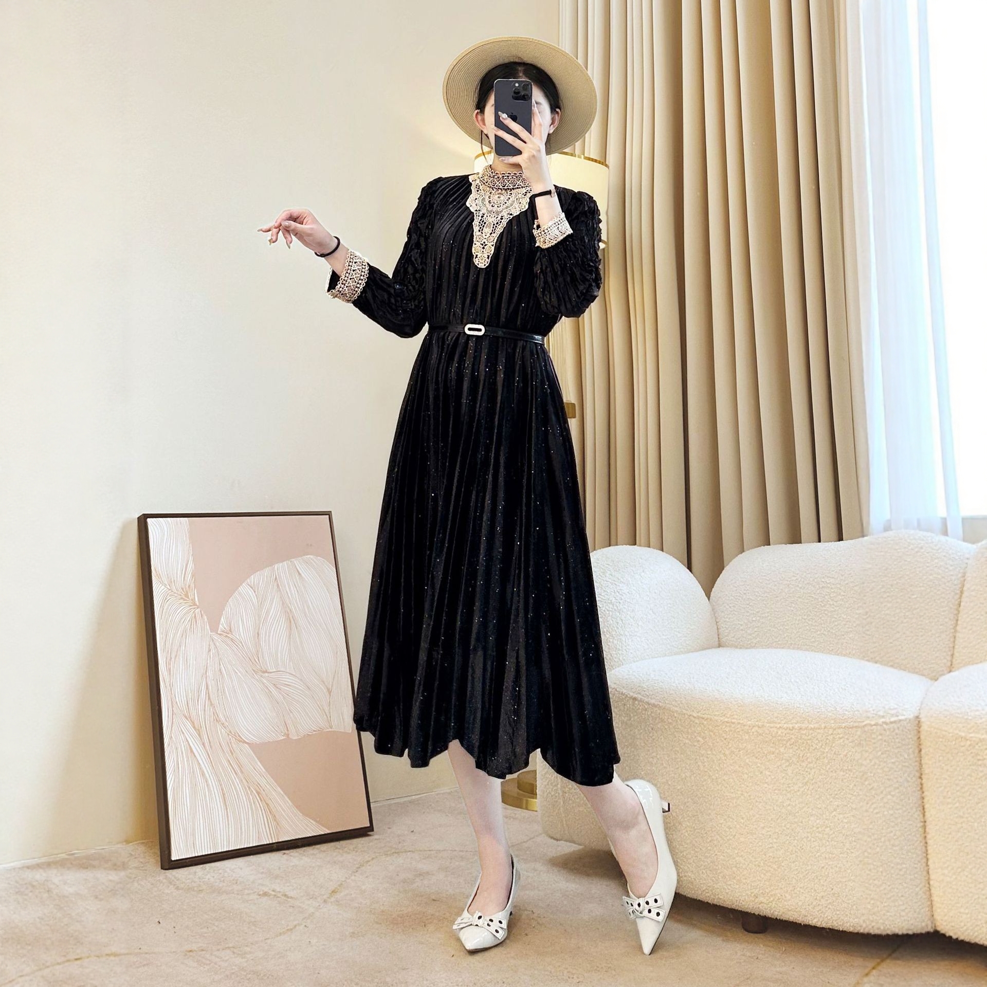 法式复古丝绒百褶裙秋冬长袖收腰