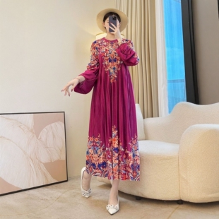 高贵阔太太复古印花连衣裙女秋冬中年妈妈装 显瘦遮肉A字压褶长裙