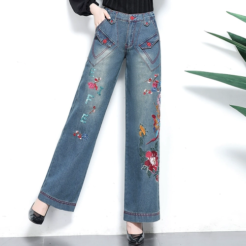 Этнические джинсы, джинсовые штаны, европейский стиль, этнический стиль, высокая талия, свободный крой, с вышивкой