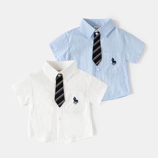 男童短袖白衬衫领带纯棉2026新款童装中小童夏季宝宝上衣儿童衬衣