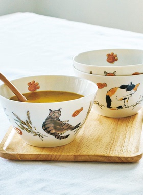 日本进口猫咪斗笠深碗芬理希梦猫部氛围家居餐具礼物女生