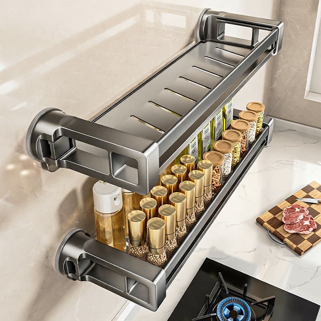 德国进口隐藏式吸盘厨房置物架奶油风壁挂墙上调料品家用多功能收