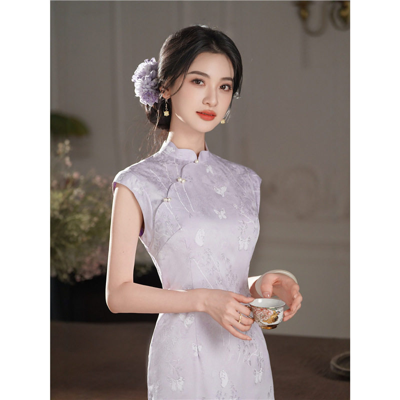织造局淡紫无袖高领旗袍女长款显瘦气质礼服新中式日常通勤连衣裙