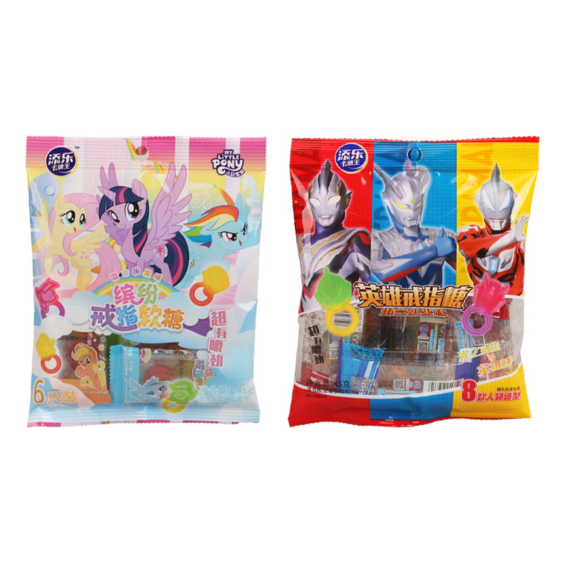 添乐卡通王45g奥特曼英雄戒指糖混合水果味软糖小马宝莉糖果零食
