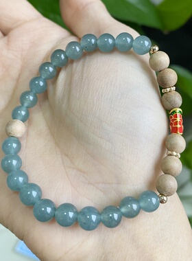 孤品！天然翡翠冰危蓝配木头手串珠子6mm周长15cm不退换