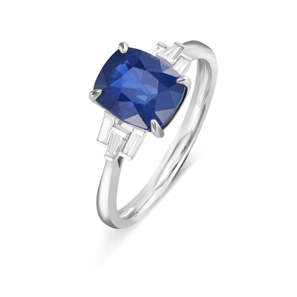 协隆珠宝 天然无烧矢车菊蓝宝石钻戒女银色三石设计复古小众款