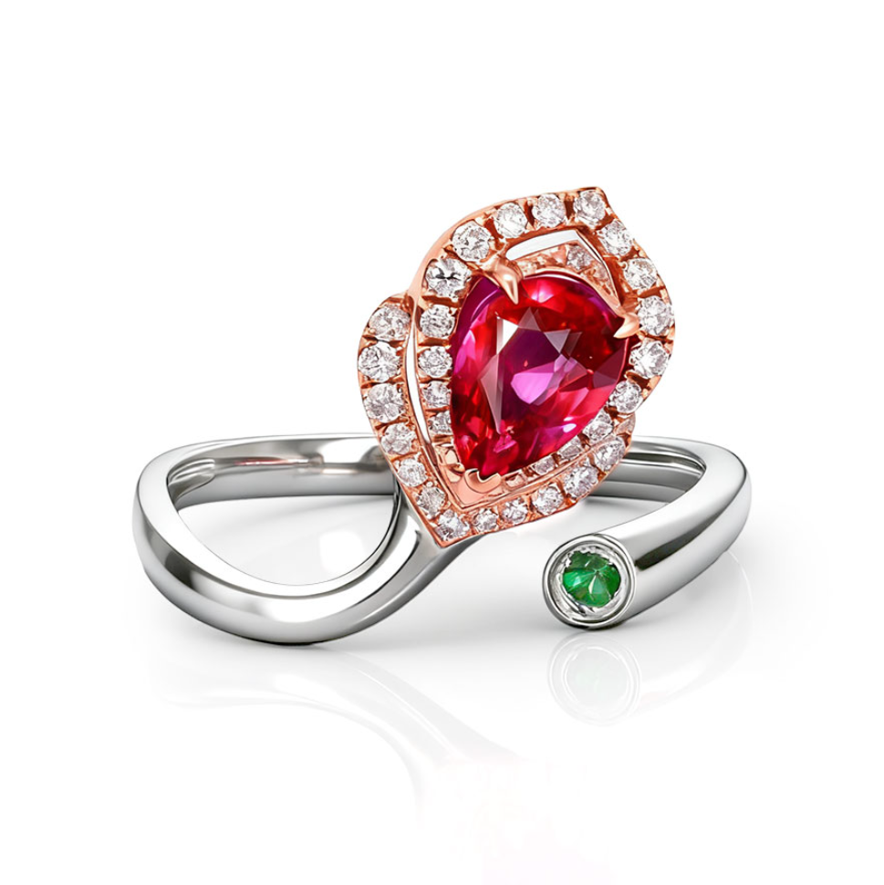 天然红宝石钻戒女玫瑰金镶钻水滴