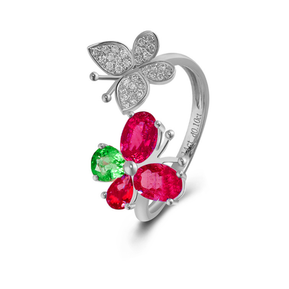 红宝石蝴蝶戒指女钻戒