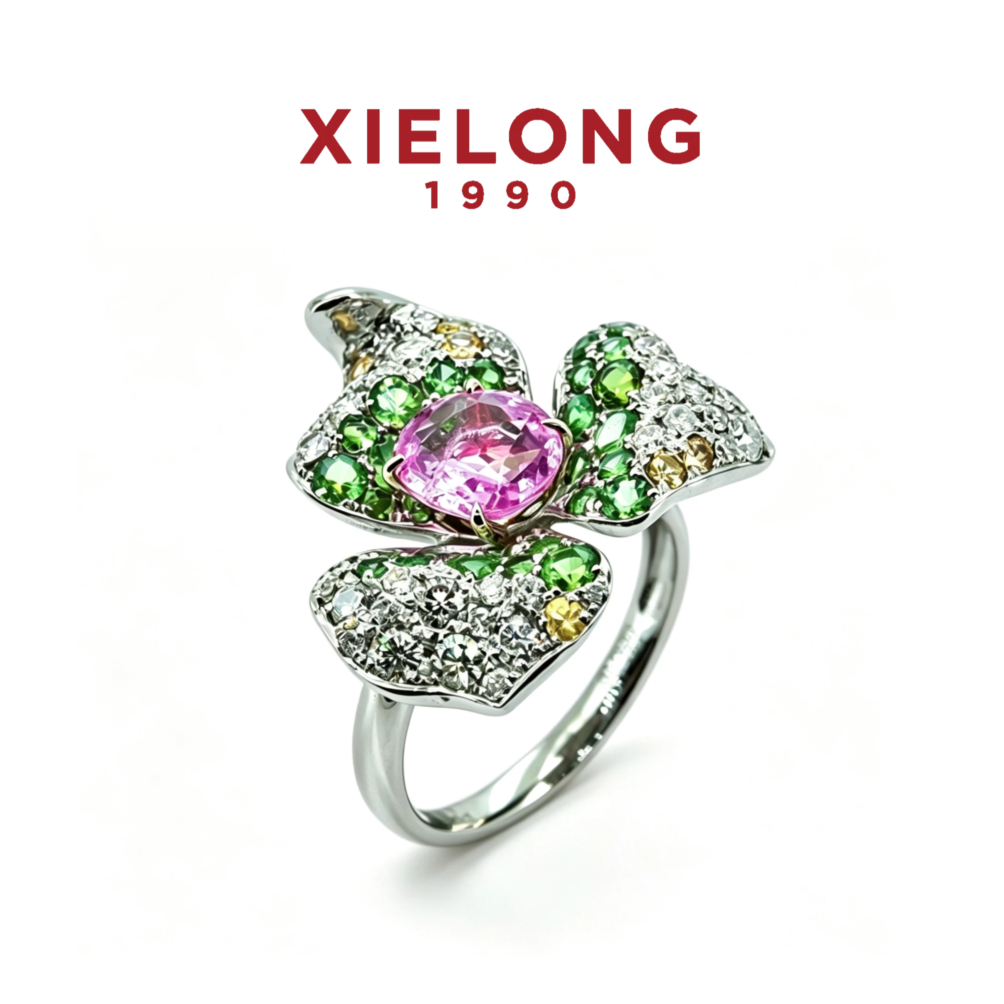 XIELONG协隆 三瓣花粉色蓝宝石花朵造型多彩宝石时尚钻石戒指