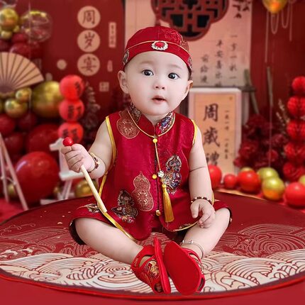 周岁男宝宝香云纱礼服唐装女宝喜庆抓周衣服宝宝服装婴儿夏季套装