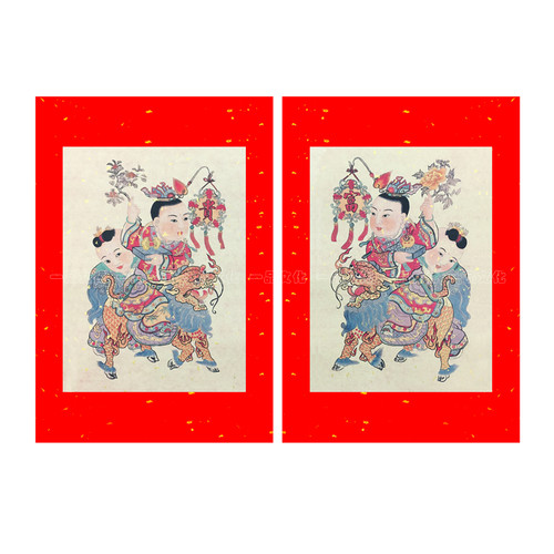 传统风一品红底门神门贴马年春联
