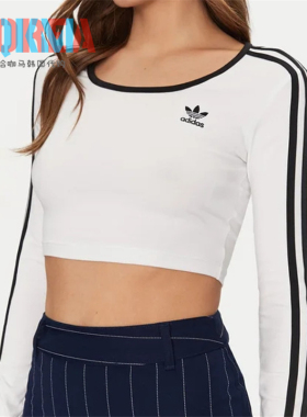 阿迪达斯Adidas三叶草女美式复古休闲圆领修身短款长袖T恤 JD4625