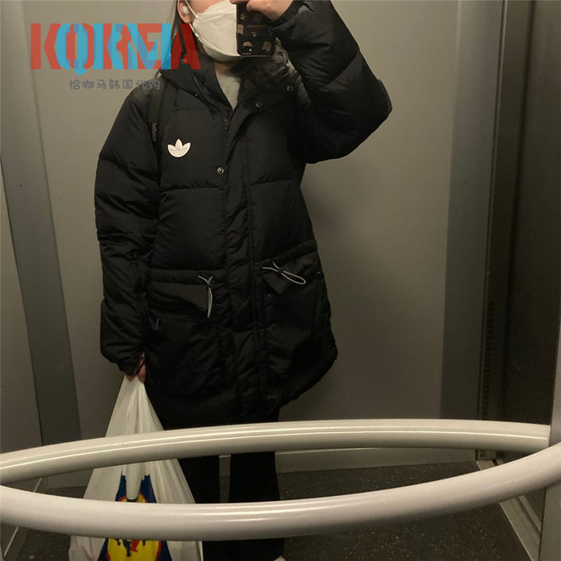 Adidas女子中长款收腰连帽羽绒服